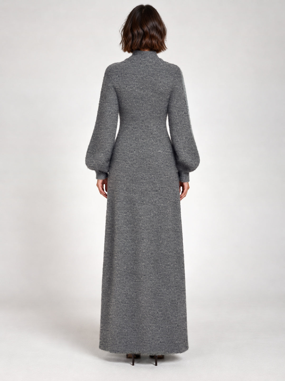 Belle dark grey knit maxi dress styled with the Kate cardigan, back view