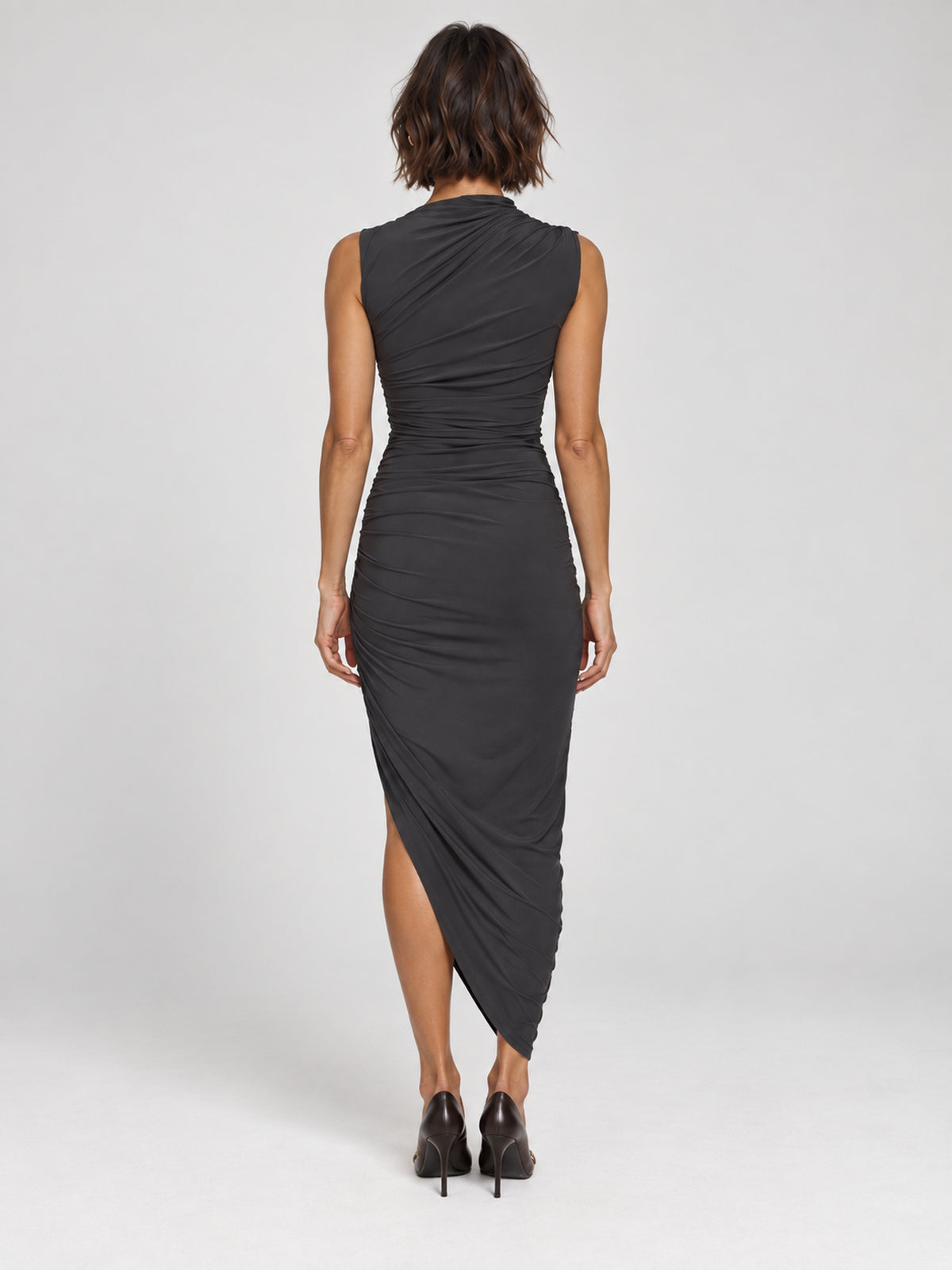 LARA grey ruched asymmetrical midi dress, back studio view with no face visible.