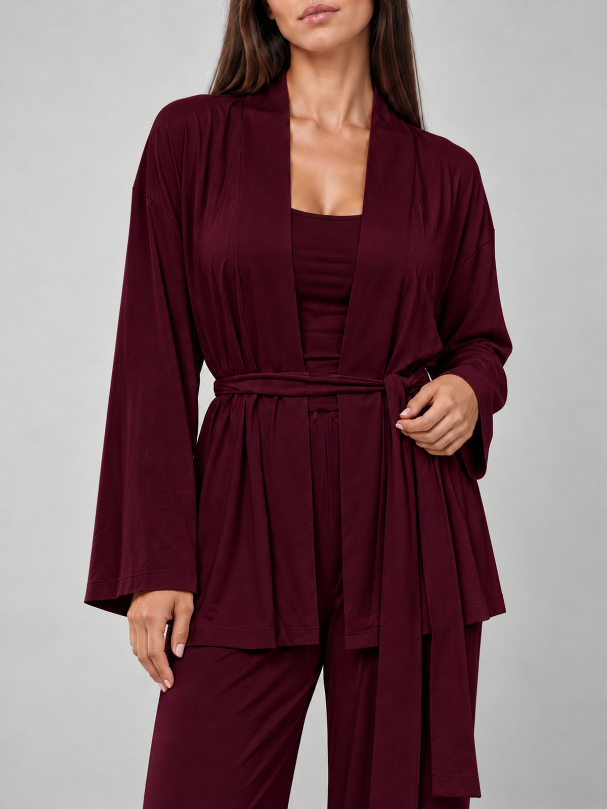Burgundy Lounge Pyjama Set, close-up of kimono and waist tie