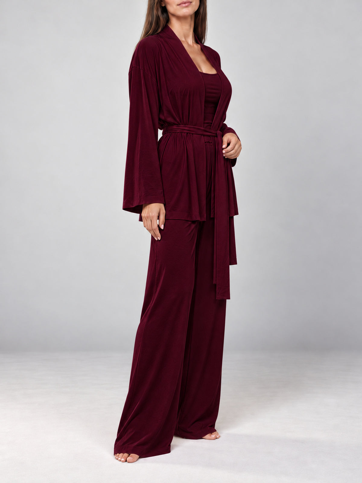 Burgundy Lounge Pyjama Set with belted kimono, three-quarter view