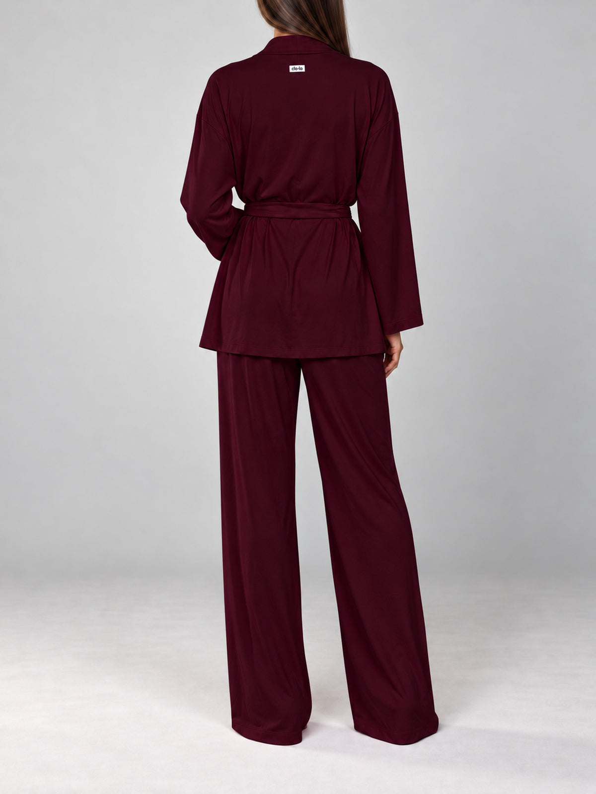 Burgundy Lounge Pyjama Set with belted kimono, back view