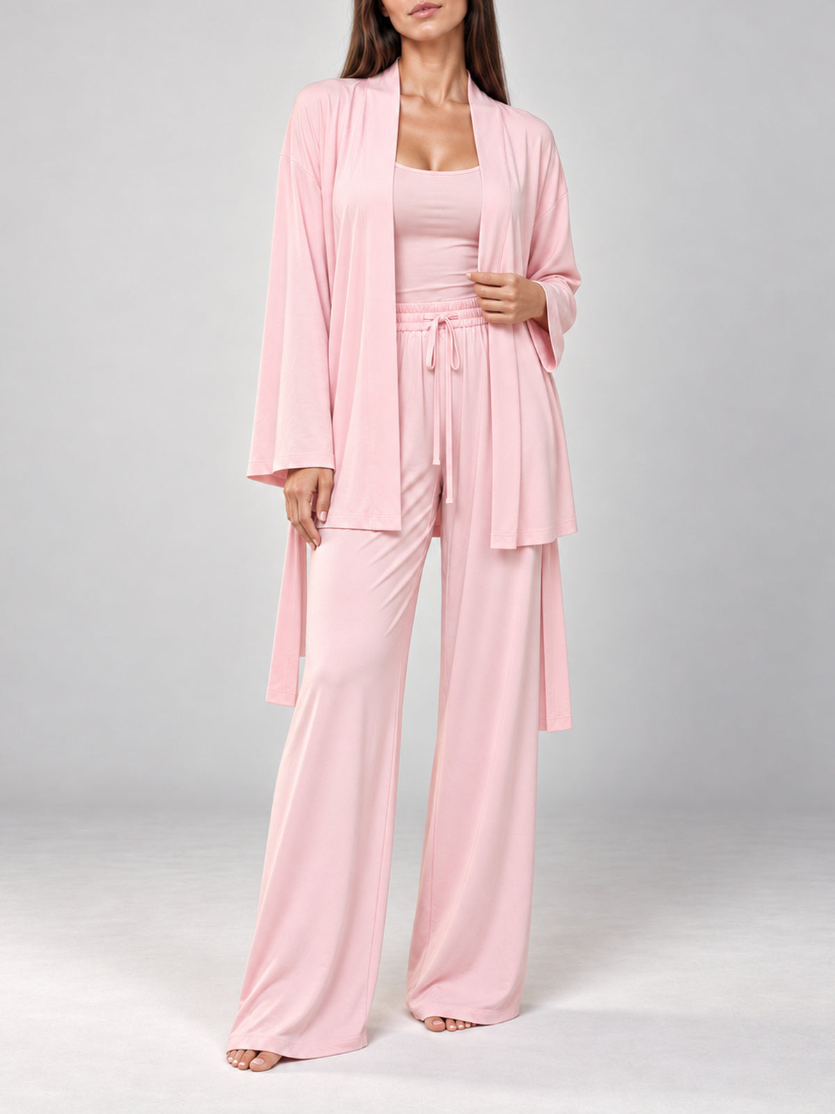 Light pink Lounge Pyjama Set with open kimono, front view