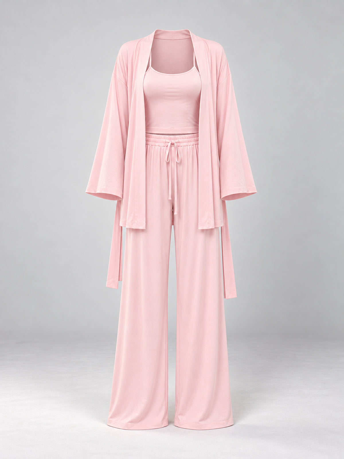 Light pink Lounge Pyjama Set, front ghost view of the three-piece set with kimono, camisole and trousers