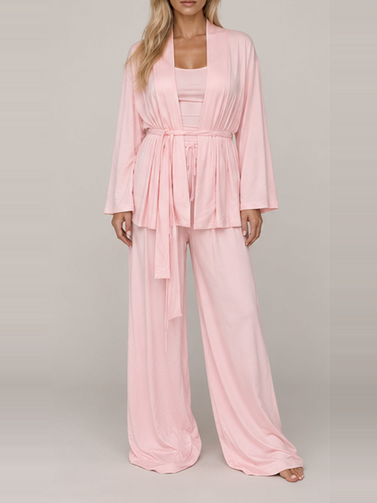 Pink Lounge Pyjama Set with kimono, faceless front view.