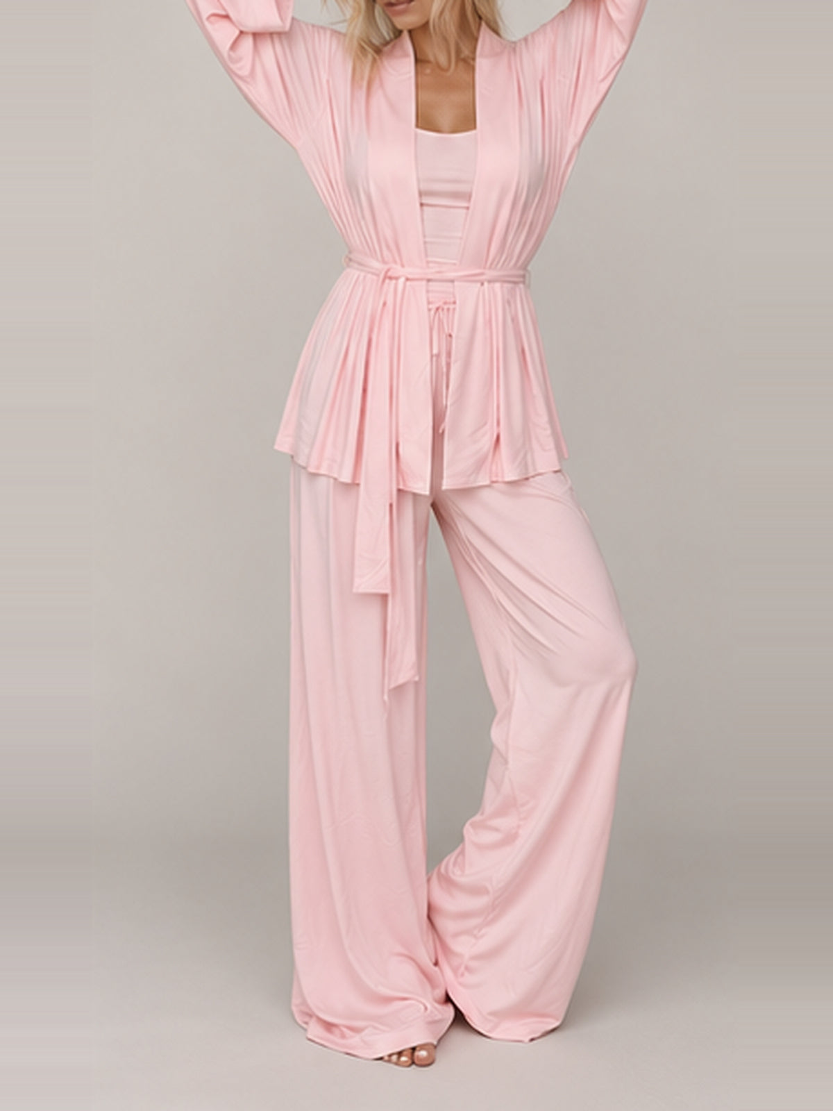 Pink Lounge Pyjama Set with kimono, faceless arms-raised view.