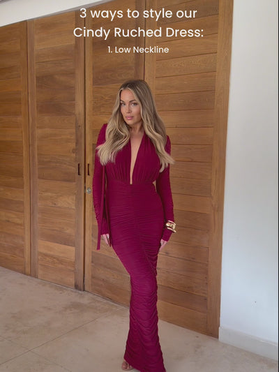 How to style a burgundy ruched maxi dress for evening and celebrations
